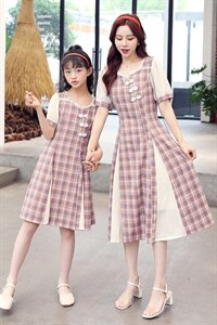 亲子装旗袍！2021夏季新款旗袍改良版复古风亲子格子连衣裙图片