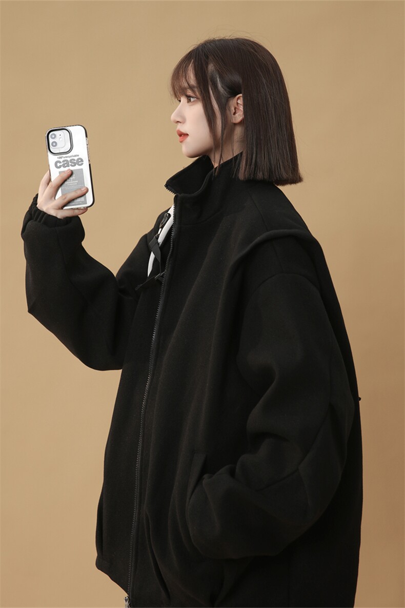 N188/P85秋冬新款褶皱毛呢外套男呢大衣宽松百搭呢料夹克潮上衣,男装夹克,电商基地A050