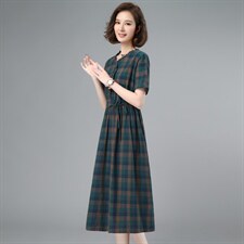 2021夏季新款时尚气质V领格纹修身中长款连衣裙，女装连衣裙，简韵佳