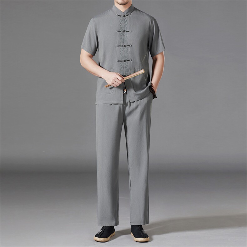亚麻唐装男装风夏季中年男士中式体恤爸爸夏装棉麻套装，男装民族服装，电商B212（原钱塘6029）
