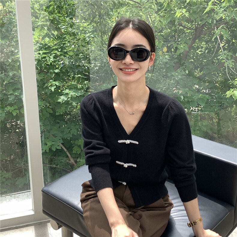 2025秋冬百搭时尚简约v领长袖针织衫,女装羊绒衫,玛卡隆羊绒