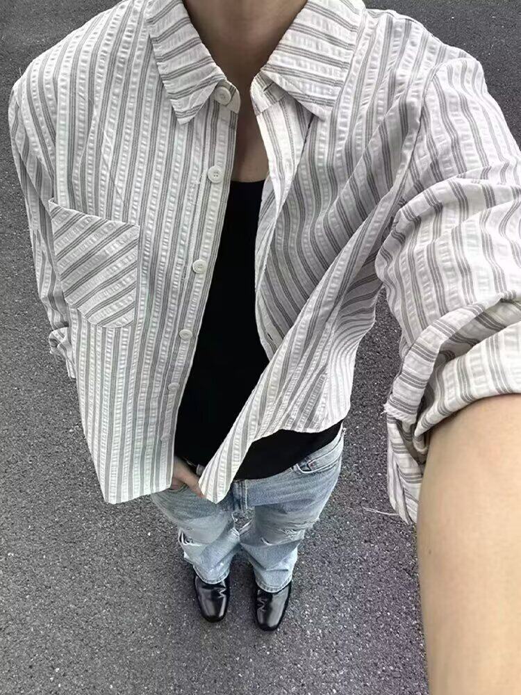 条纹长袖衬衫男秋季宽松慵懒风设计感小众风独特上衣CS91,男装衬衫,星座1116A（原606A-3）
