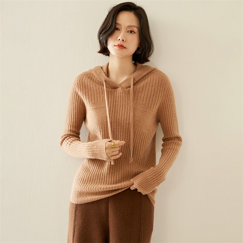 2024秋冬新款35%羊绒女士一线坑条羊绒帽衫图片