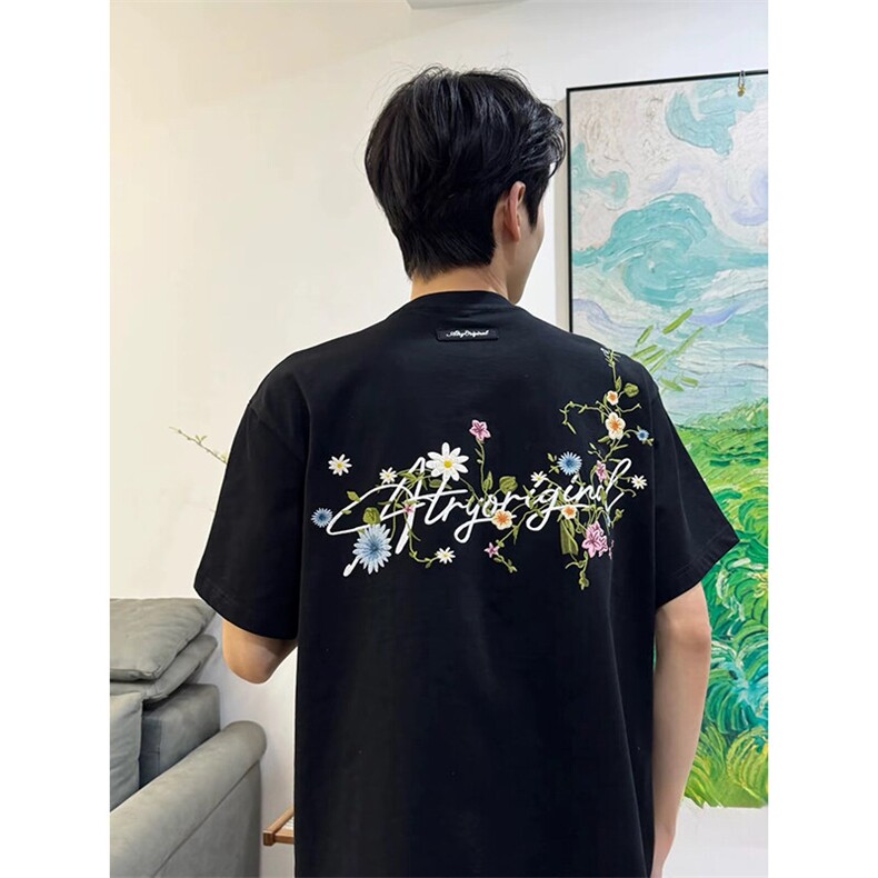 万针全刺绣工艺抖音得物高品质260克重磅纯棉双纱美式高街短袖T恤,男装T恤,电商A486
