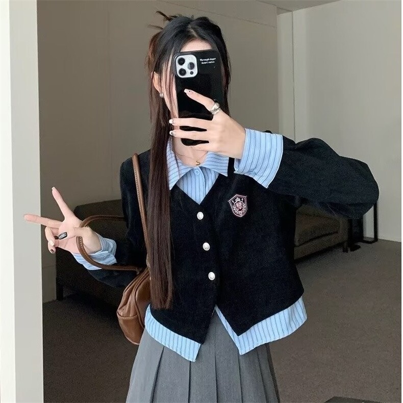 女装秋冬2025美式新款学院风假两件POLO领长袖衬衫外套图片
