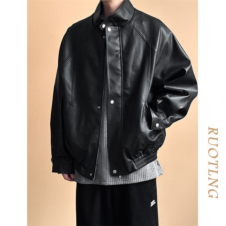 主推现货新款立领皮衣外套男宽松休闲机车皮夹克A351-AP2465-P105，男装夹克，电商A351