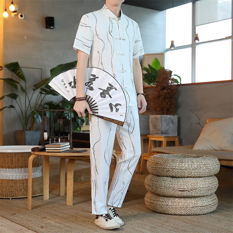 风套装男士夏季冰丝短袖复古风唐装汉服中式居士服HO6930-P65,男装T恤,星座1105-3