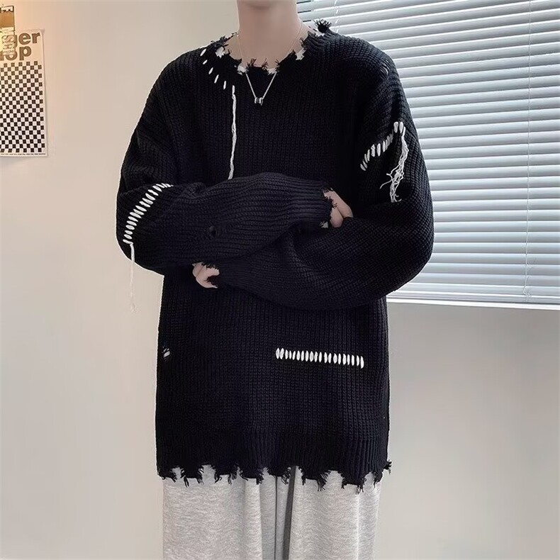 港风潮牌ins男女同款秋冬明线做旧破洞圆领宽松百搭保暖针织毛衣图片