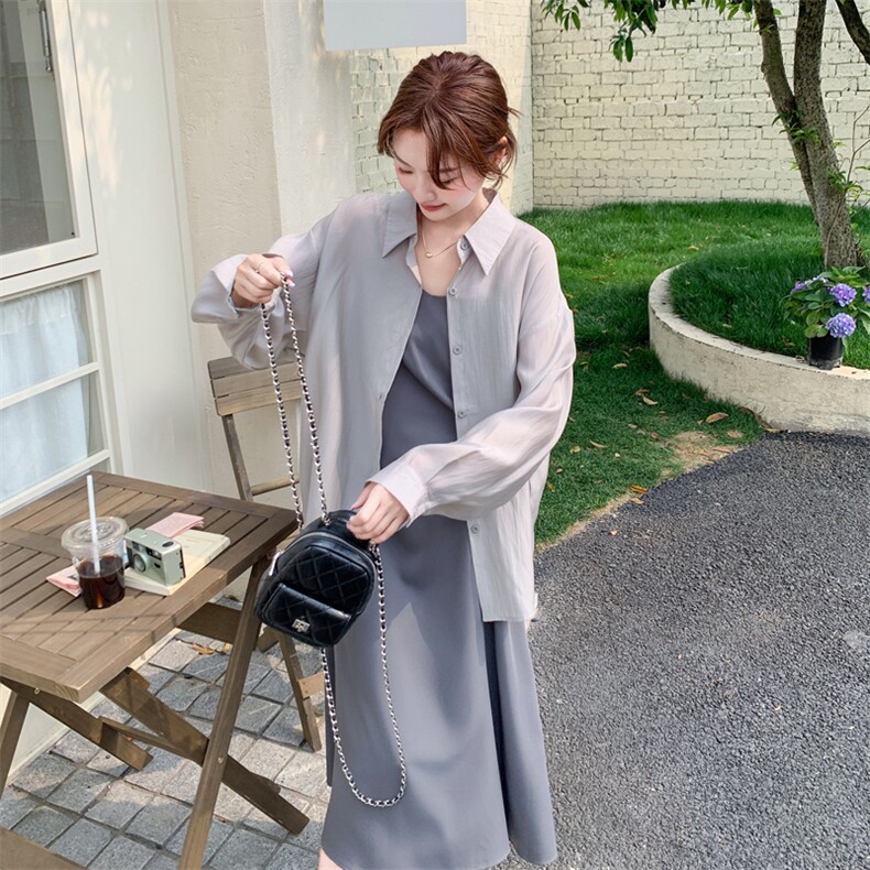 灰色防晒衬衫吊带连衣裙套装女夏2025新款显瘦赫本风绝美爆款长裙,女装套装/套裙,莘蕾
