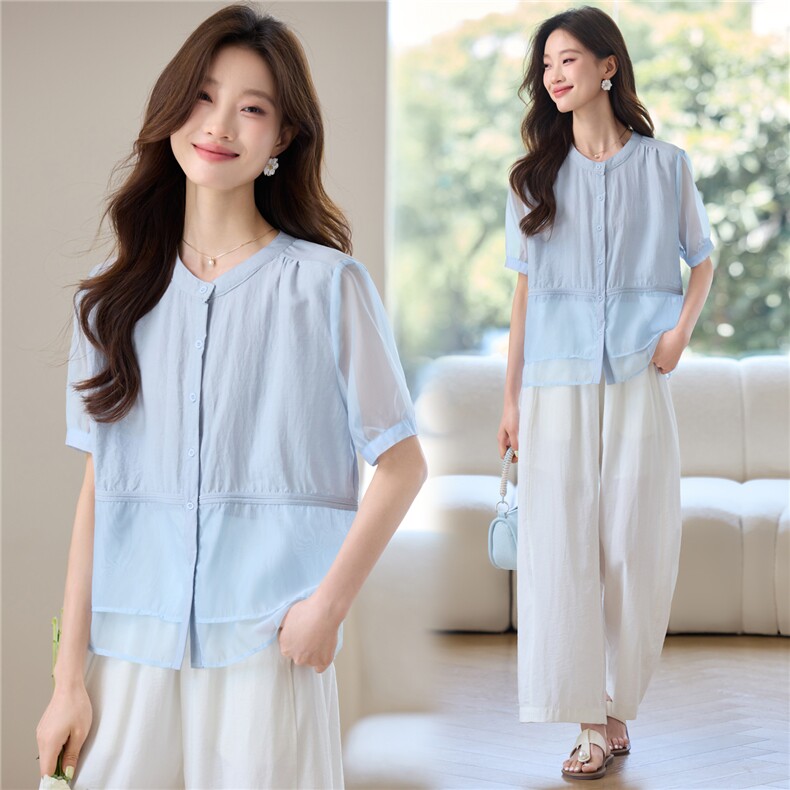 洋气小衫女2025年夏季新款气质棉质短袖时尚上衣宽松显瘦衬衣圆领，女装衬衫，木子恋