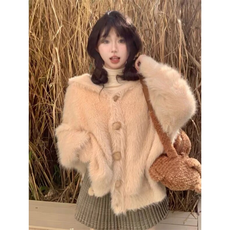 MM154-P88设计感兔子耳朵连帽针织开衫上衣女毛绒绒排扣毛衣外套,针织衫/毛衣,星座617A-2