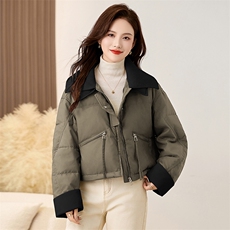 小个子短款羽绒服女2025冬季新款韩版洋气pu皮针织翻领白鸭绒外套，女装羽绒服，衣之秀