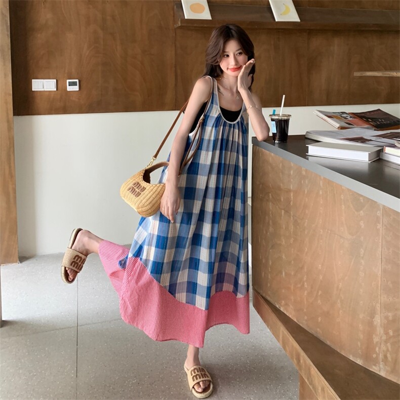 设计感撞色拼接格子无袖连衣裙女2025夏季新款小众独特休闲背心裙,女装连衣裙,2C216