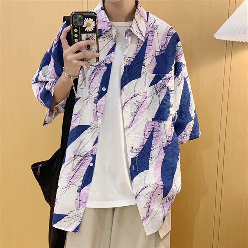夏季短袖花衬衫男潮牌潮流帅气韩版宽松休闲七分袖衬衣男1030-p33,男装衬衫,星座1008-1