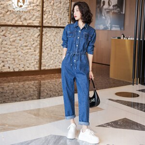 配披肩牛仔连体女2022年春季新款韩版时尚工装宽松收腰休闲连衣裤图片