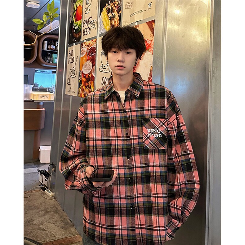 8XL-M印花黑粉格子衬衫男美式复古款式修饰衬衣外套情侣CS523P45,男装衬衫,电商D206-1