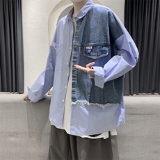 新款衬衫男宽松牛仔拼v接纯棉休闲衬衫百搭上衣CS06，男装衬衫，电商A132（原电商B245）