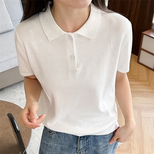 夏季时尚百搭纯棉针织短袖女翻领纯色宽松显瘦上衣t恤女polo衫女图片