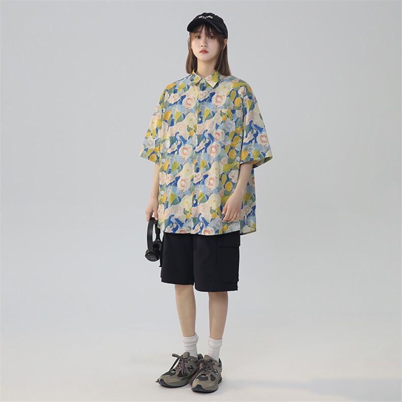 2025夏季新款清凉碎花中性风宽松休闲短袖衬衫CS802-P38控55,男装T恤,星座225-2