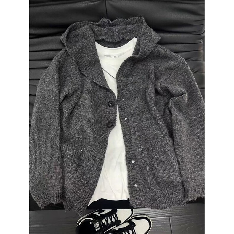 AA1738P55灰色连帽纽扣开衫毛衣男女秋季宽松针织衫,男装针织衫/毛衣,电商B323A