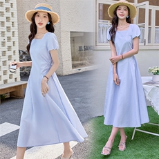 洋气绝美短袖连衣裙女2025夏新款方领法式收腰显瘦气质中长款裙子，女装连衣裙，潮流依族