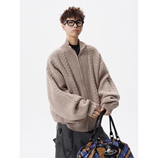 网图-老钱风麦穗麻花开衫毛衣男cp252-特73，男装针织衫/毛衣，电商B371