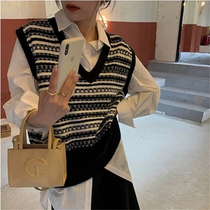 时尚V领宽松慵懒风拼色无袖毛衣背心女装针织马甲图片