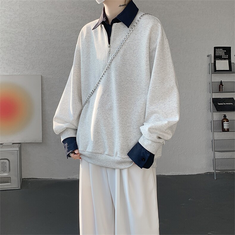新款假两件条纹拉链衬衫领休闲春款卫衣高街休闲学院卫衣特P50,男装卫衣,电商B319