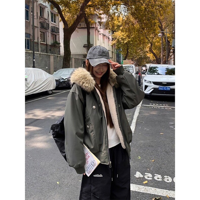现货重磅boxy短款棉衣座山雕大毛毛领男女棉服水洗工装厚外套,男装棉衣,电商A486-1