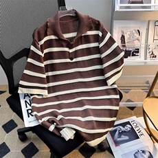 条纹撞色翻领针织polo衫男夏季透气休闲宽松百搭短袖上衣9165P38，男装针织衫/毛衣，星座410-2