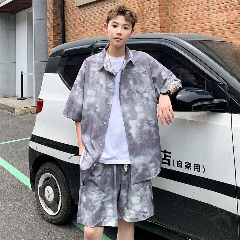 2025美式扎染印花冰丝凉感短袖衬衫薄套装 TZ3456/特P45 灰色5图片