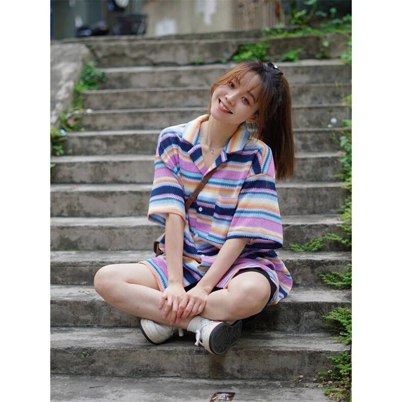 夏季热带条纹慵懒衬衫半袖针织短袖上衣女C110,男装衬衫,星座1116A（原606A-3）