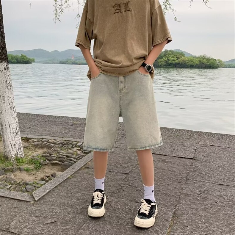 夏季美式复古黄泥色牛仔短裤男五分裤潮牌设计感拉链裤DK0152-P38,男装牛仔裤,星座308B-1