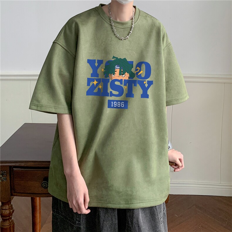 ！24夏季新款宽松大码港风蓝色字母麂皮绒T恤TJ23156-特p19图片