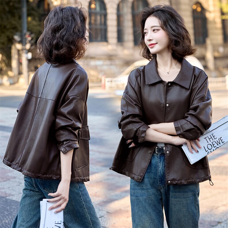 高端小翻领单排扣皮衣女2025秋季新款时尚百搭短款机车服夹克外套,女装皮衣,英标秀（1C119）
