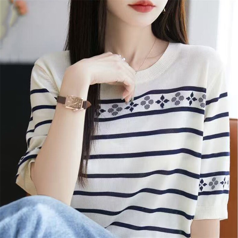 夏季圆领撞色条纹莱赛尔天丝套头半袖T恤女宽松休闲针织短袖上衣,女装T恤,萱芳婷羊绒