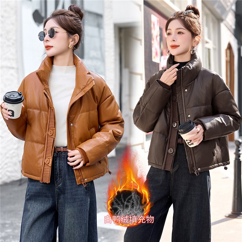 时尚针织拼接立领白鸭绒羽绒服皮衣短款,女装羽绒服,英标秀（1C119）