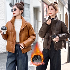 时尚针织拼接立领白鸭绒羽绒服皮衣短款，女装羽绒服，英标秀（1C119）