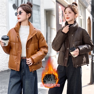 时尚针织拼接立领白鸭绒羽绒服皮衣短款图片
