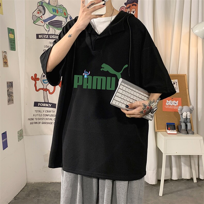 LD54227-P45连帽短袖t恤男大码胖子带帽五分袖中袖,男装T恤,电商A040