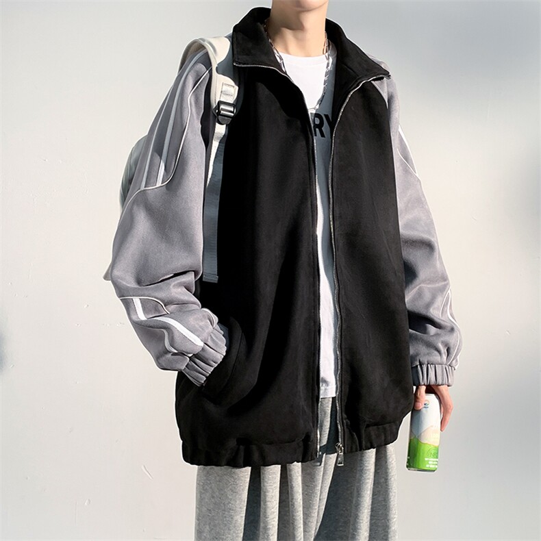 J6617P78光影墙抖音高品质麂皮绒翻领夹克外套拼接学生宽松,男装夹克,电商A026-1