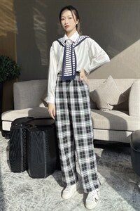 2021春装新款时尚休闲衬衫+格纹阔腿裤两件套套裤图片