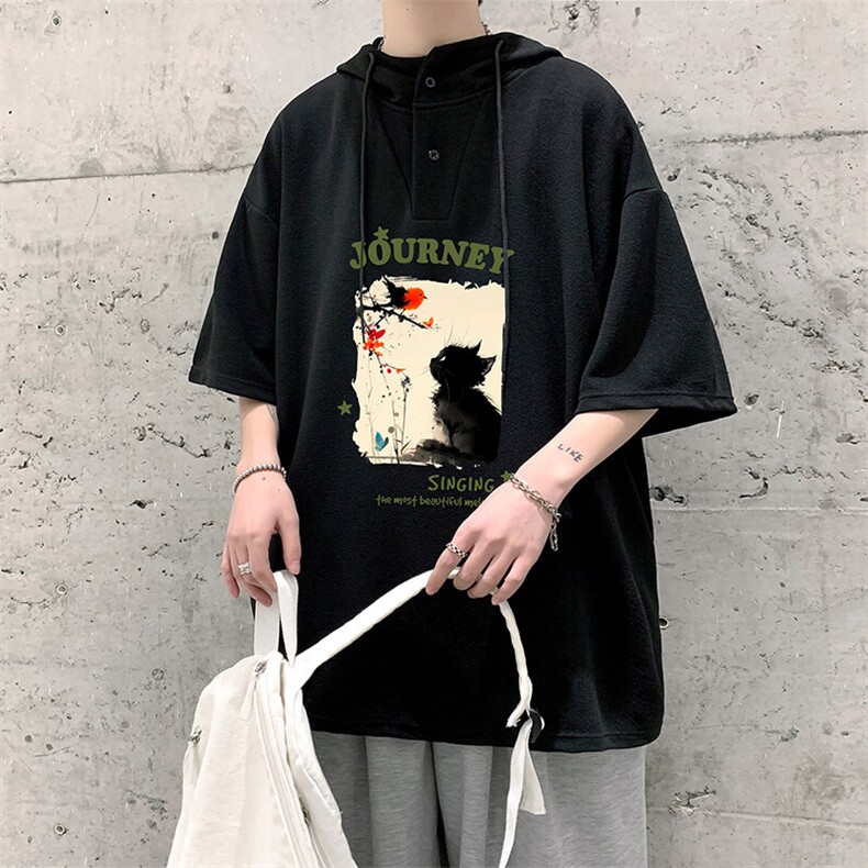 LD5433-P45连帽短袖t恤男大码胖子带帽五分袖中袖,男装T恤,电商A040