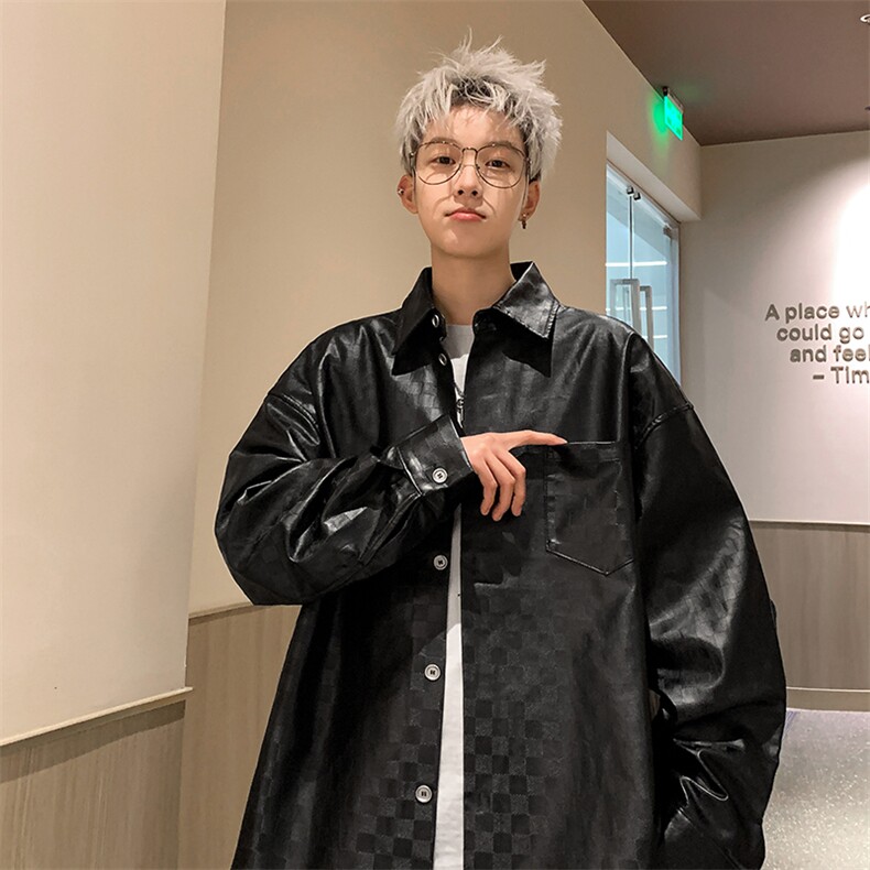新款韩系潮流棋盘格皮衣休闲衬衣复古外套PC304-P75-控118，男装衬衫，星座310A-3