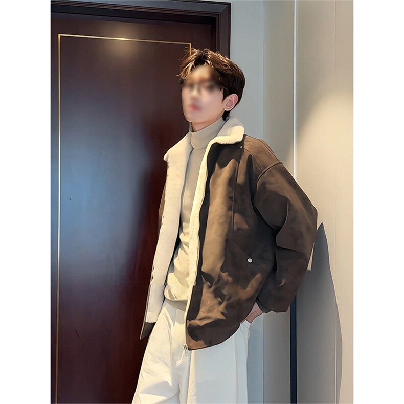 现货冬季美拉德毛领雾面PU皮棉服加绒加厚保暖百搭设计款情侣棉衣,男装棉衣,电商A443