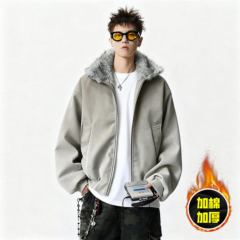 现货高品质美式高街重磅座山雕毛毛领pu皮棉衣男女加厚棉服冬外套，男装皮衣，电商A486