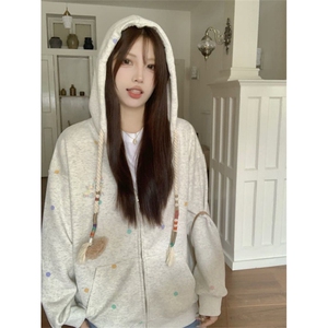 可爱彩色波点连帽卫衣秋冬小熊宽松休闲拉链开衫外套慵懒Y1605图片