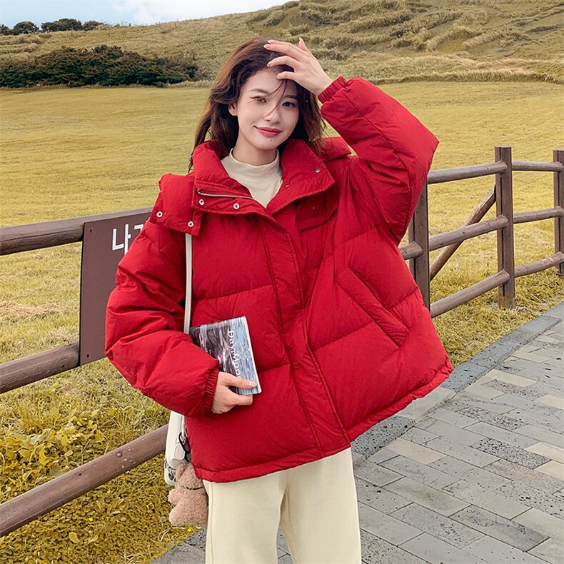 本命新年红色短款羽绒服女2024冬季新款韩系小个子时尚白鸭绒外套图片
