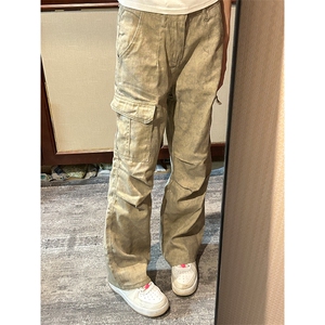 【有货的】杏色扎染工装裤男女美式复古大口袋裤子G810LL-特P58图片