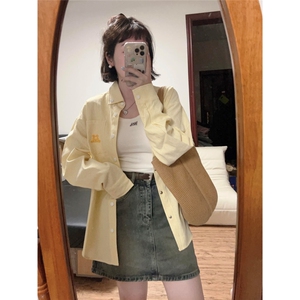 TC741-P45 初秋新款黄色衬衫美式条纹 小狗刺绣 男女款情侣图片